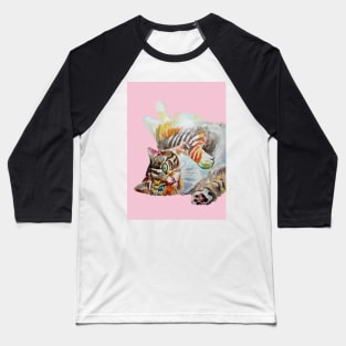 Tabby Cat Watercolor Painting on Baby Pink Baseball T-Shirt